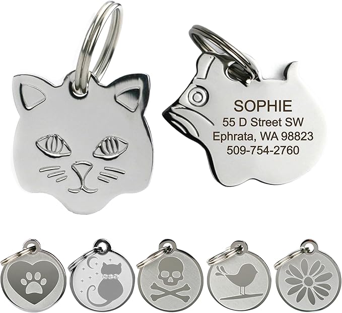 GoTags Stainless Steel Cat ID Tags, Available in Mouse and Cat Shapes, Includes up to 4 Lines of Custom Engraved Personalized Text