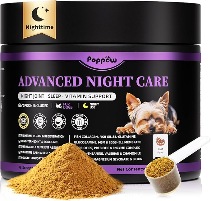Dog Vitamins and Supplements for Nighttime Repair, Calming, Joint, Gut, Dog Multivitamin Powder for Homemade Food with Collagen, Glucosamine, GABA, Probiotics - Beef Flavor, 75 Scoops