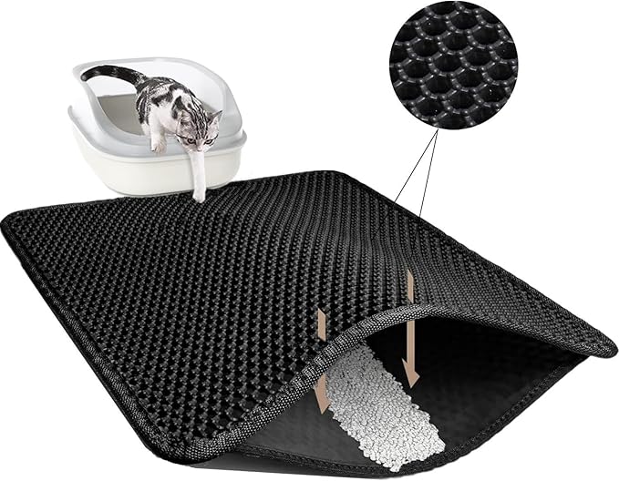 Cat Litter Mat 23.6"x15.7" Double Layer Waterproof & Non-Slip - Honeycomb Washable EVA Litter Mat for Scatter Control, Urine Proof Litter Trapping Mat for Litter Box(Black)