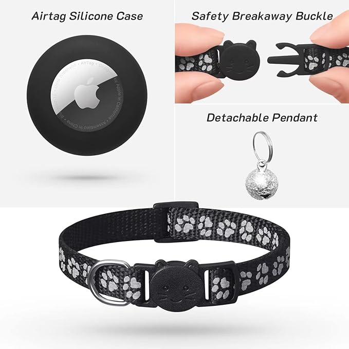 2 Pack Airtag Cat Collar Breakaway with Bell,Reflective Kitten Collar with Apple Airtag Cat Collar Holder,Adjustable 7-12In,Safety Buckle for Girl Boy Cats,Pet Supplies,Accessories,Gifts (Gray)