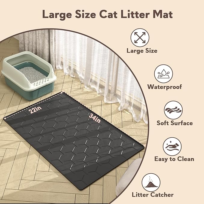 Silicone Cat Litter Trapping Mat, Large Waterproof 34" X 22" Cat Litter Box Mat, Easy to Clean, Black