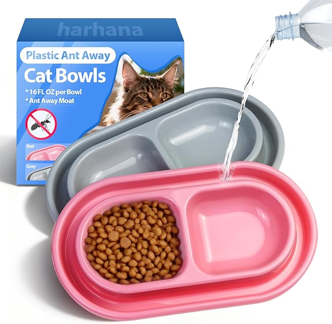 Ant Away Outdoor Cat Bowl, Double Pet Bowl with Water Moat, Spill-Proof Design, Food & Water Feeder for Outdoor Cats – Ants Away, Easy Clean, Lightweight Plastic(Large, 2 Packs)