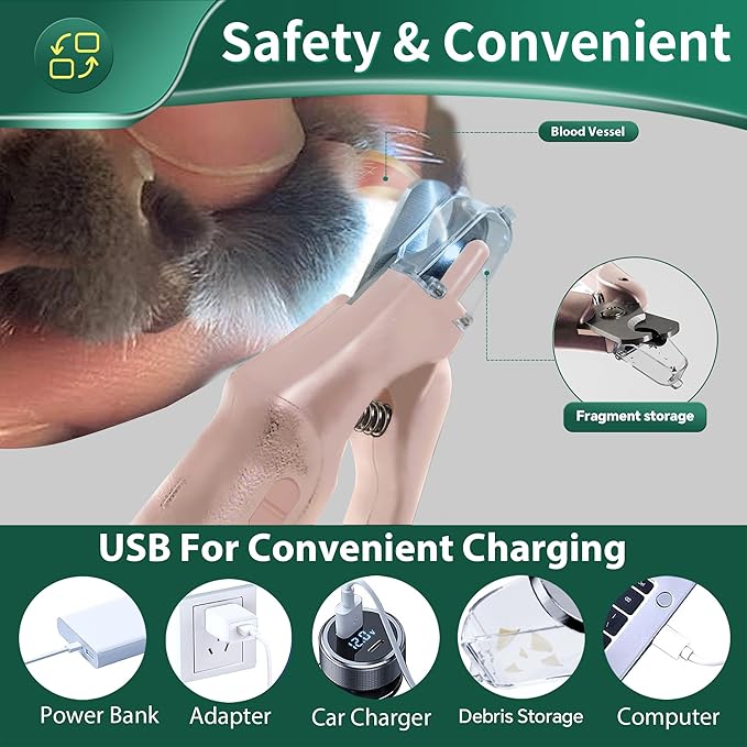 2-in-1 Cat Nail Clippers & Dog Nail Clippers Trimmers for Large Medium Small Dogs Cats Claw Trimmer Quick Sensor and Safety Guard USB Rechargeable with 2 LED Lights Dogs Nail Trimmer