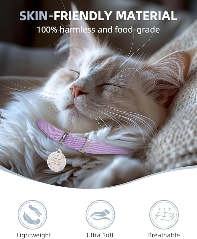 Cat Collar with QR Code Name Tag, Stretch Elastic Quick Release, Cat ID Tag Personalized, Ultra-Durable, Non Breakaway Lightweight Kitten Collar Fits Most Girl Boy Small Large Cats (Purple)