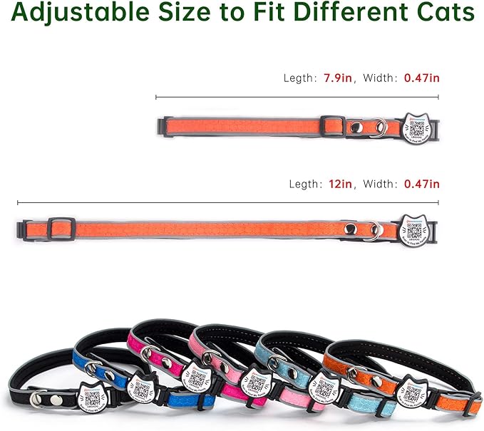 Cat Collar with Bells Reflective Cat Collars Breakaway with Oxford Cloth Soft Padding Adjustable Kitten Collar with QR Code（Orange）
