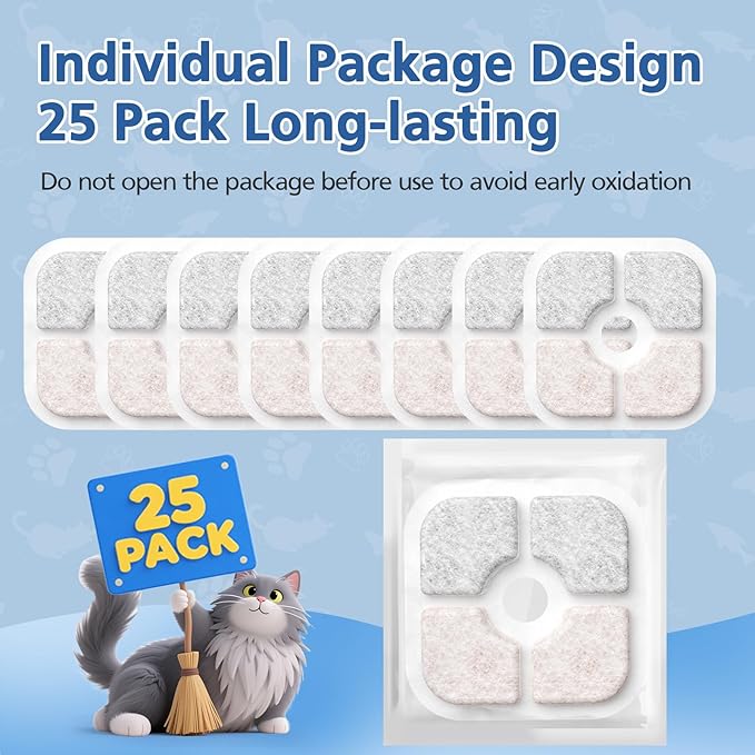 25-Pack Cat Fountain Filter Compatible With Catit PIXI Drinking Fountain, Replacement Triple Action Water Filter, White