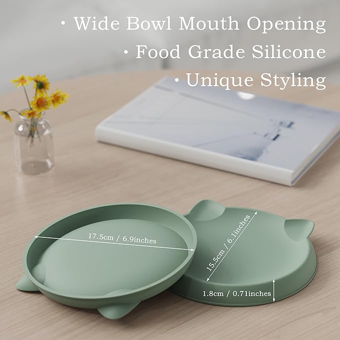 Cat Bowls for Indoor Gentle Small Kitten (2pcs, Soft Silicone) Shallow Wide Plates Feeder Whisker Fatigue Relief Cute Pet Kitty Food Water Dishes Set Anti Slip, Dishwasher Safe