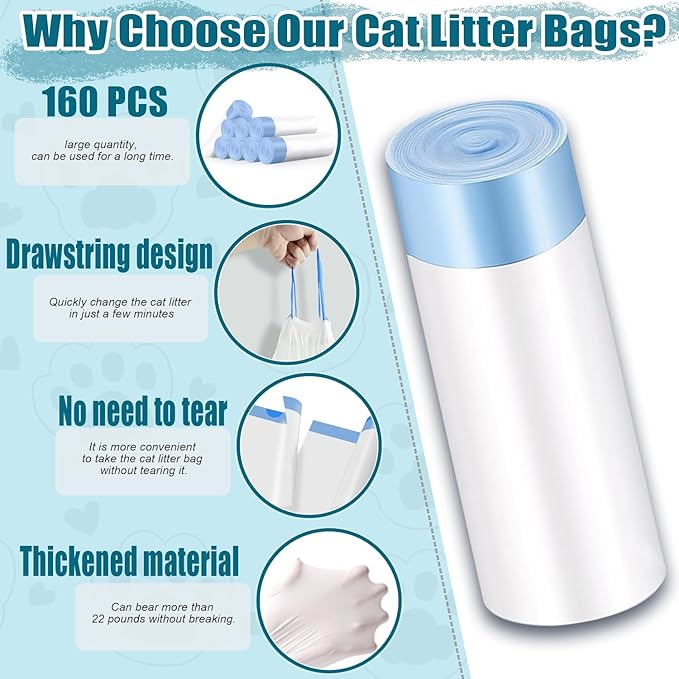 160 Pack Cat Litter Bags, 25 x16 inch Heavy Duty Self-Cleaning Litter Box Liners, Compatible with Litter Box Robot 3 & 4,Extra Thick Waste Drawer Liners (10-12 Gallons)