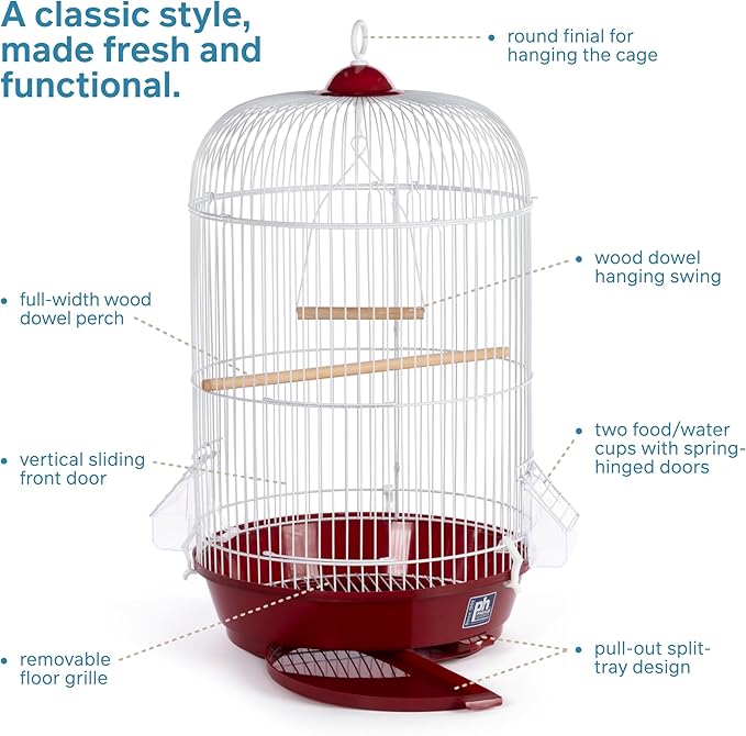 Prevue Pet Products Classic Round Bird Cage - Ideal for Finches, Canaries, Parakeets, and Other Small Birds, Indoor Traditional Style Birdcage with Circular Hook for Hanging - Red