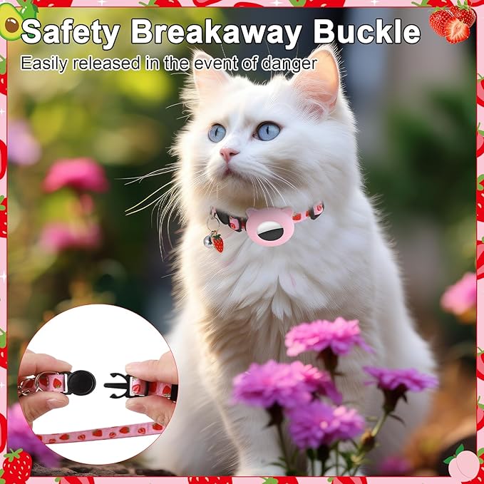 3 Pack Airtag Cat Collar Breakaway Fruit Cat Collars with Air Tag Holder, Bells and Fruit Charms Adjustable Safety Kitten Collars for Girl Boy Cats
