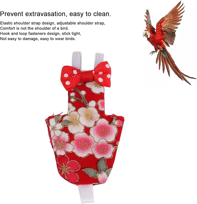 Bird Clothes, Washable Red Cherry Blossoms Cotton Bird Diaper With Elastic Band Waterproof Liner for Pet Parrots Macaw Cockatiel