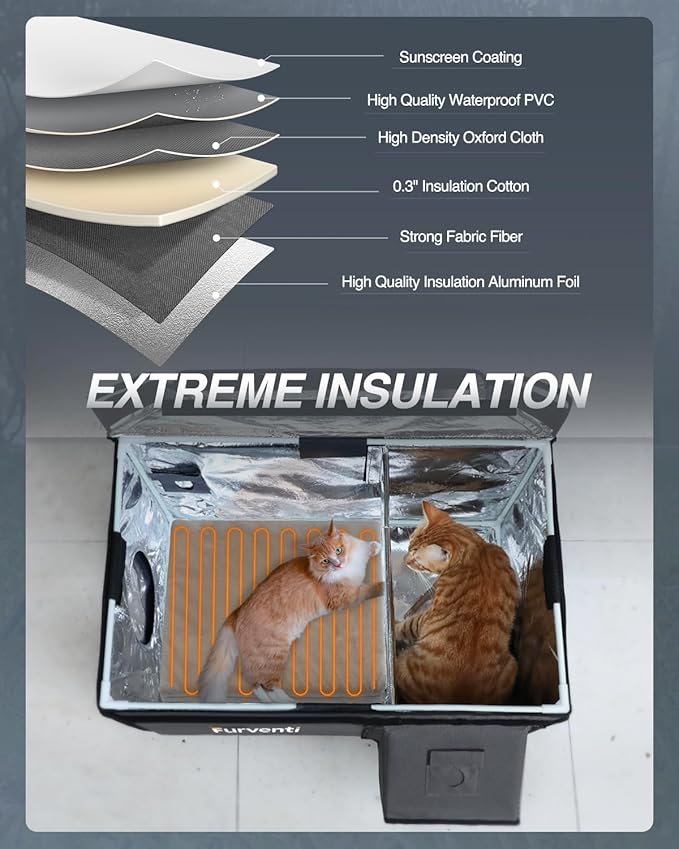 Outdoor Heated Cat House in Winter,Extremely Insulated & Weatherproof,Feral Cat Shelter with Waterproof Eaves & Escape Door for Outside Stray Barn Cat(Dark Grey,25.85"x16.3"x13.4")