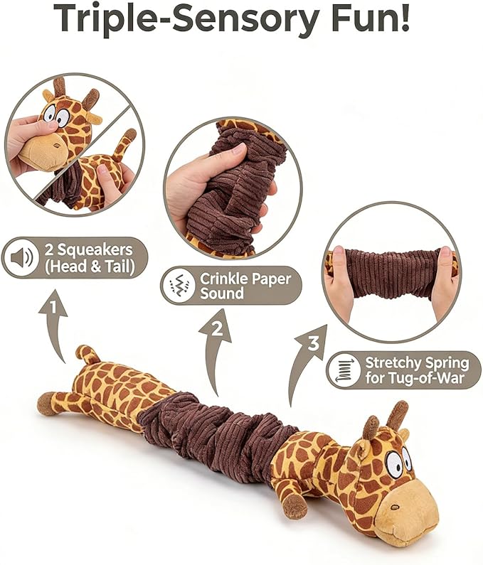 3-in-1 Squeaky Dog Toy for Chewer (Squeaker, Crinkle Paper & Elastic Band), Durable Interactive Puppy Plush Chew Toy for Boredom, Tug of-War, for Small Medium Large Breed (2 Pack, Giraffe,Unicorn)