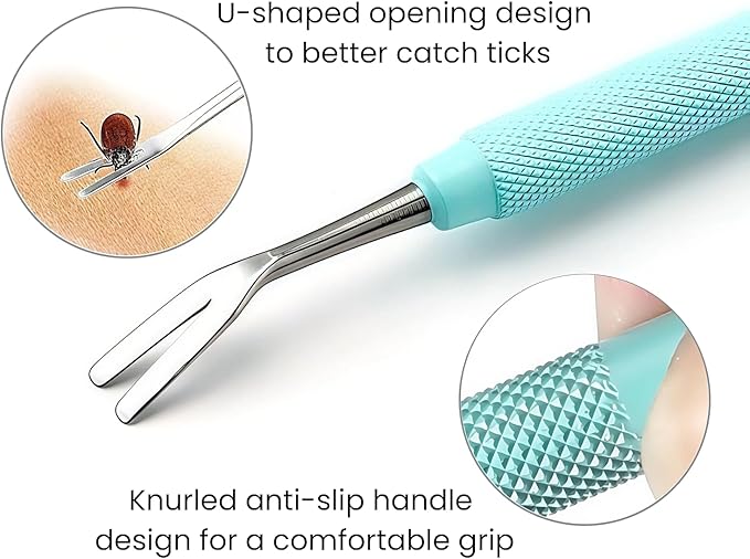 Tick Removal Tool Kit for Dogs, Cats & Humans – Stainless Steel Tick Tweezer, Fork & Dual-Head Clamp with Leather Pouch, Safe & Easy Tick Remover for Pets, Ideal for Grooming & Outdoor Travel