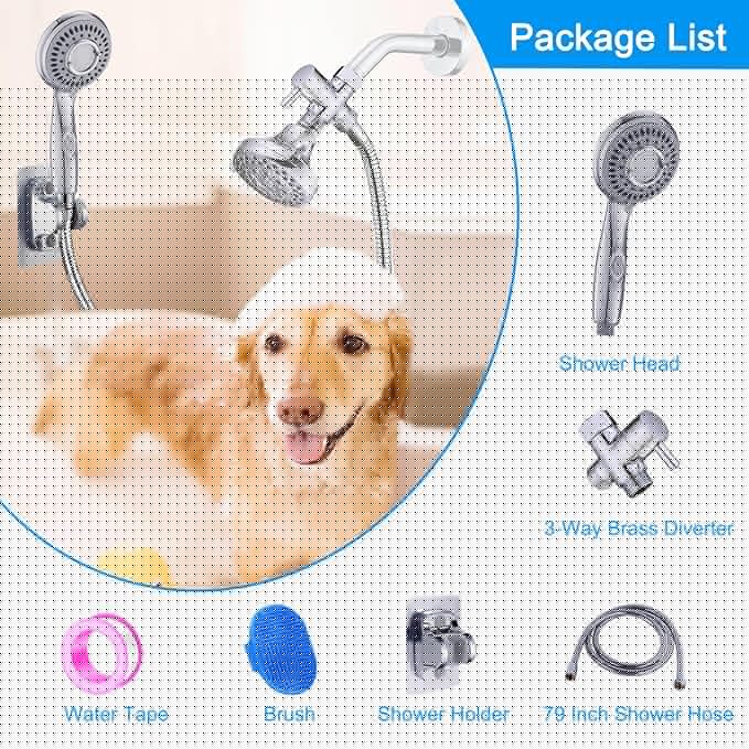 Dog Shower Attachment,Shower Head Sprayer Attachment with ON/OFF Shower Head, Brass 3-Way Diverter for Connecting Shower Arm, Stainless Steel Hose, Dog Brush and Adhesive Holder for Convenient Bathing