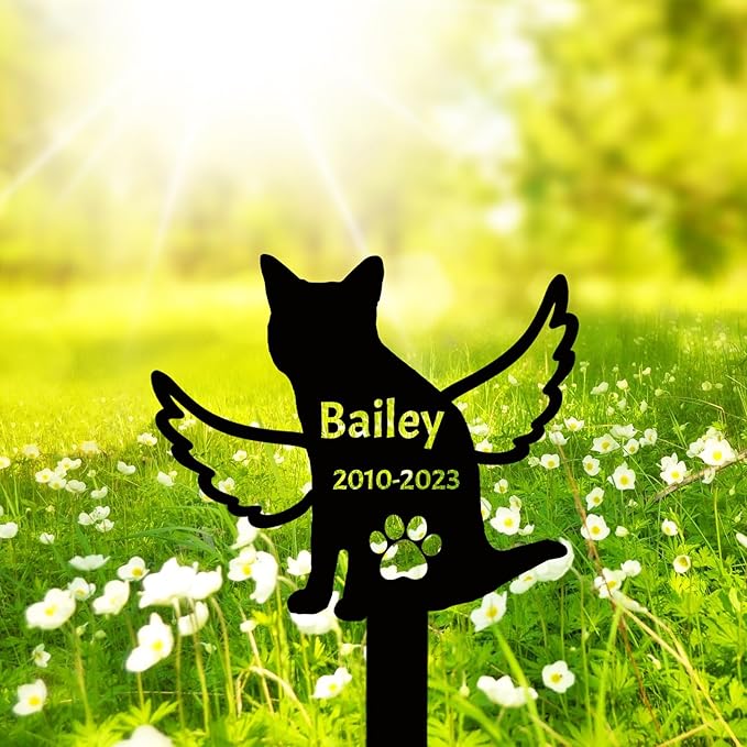 Personalized Metal Cat Memorial Grave Marker, Custom Cat Memorial Grave Marker Cat with Wings Memorial Garden Stake, Customized Paws Cat Marker Name Stake Cat Loss Gift for Garden Decor