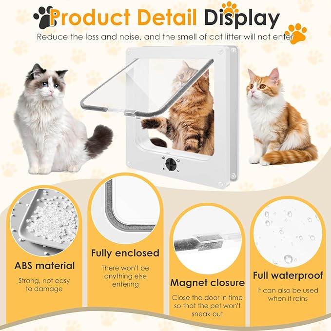 Cat Door Interior Door, 4-Way Lock Indoor Cat Doors, Magnetic Closure Reinforced Pet Doors for Cats up to 18 Lbs, Easy DIY Installation for Interior and Exterior Doors