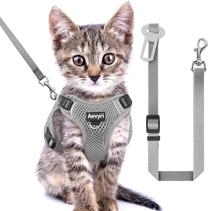 Cat Harness and Leash Set for Walking Escape Proof, Adjustable Soft Kittens Vest with Reflective Strip for Cats, Comfortable Outdoor Vest, Cat Car Leash, Grey, XS