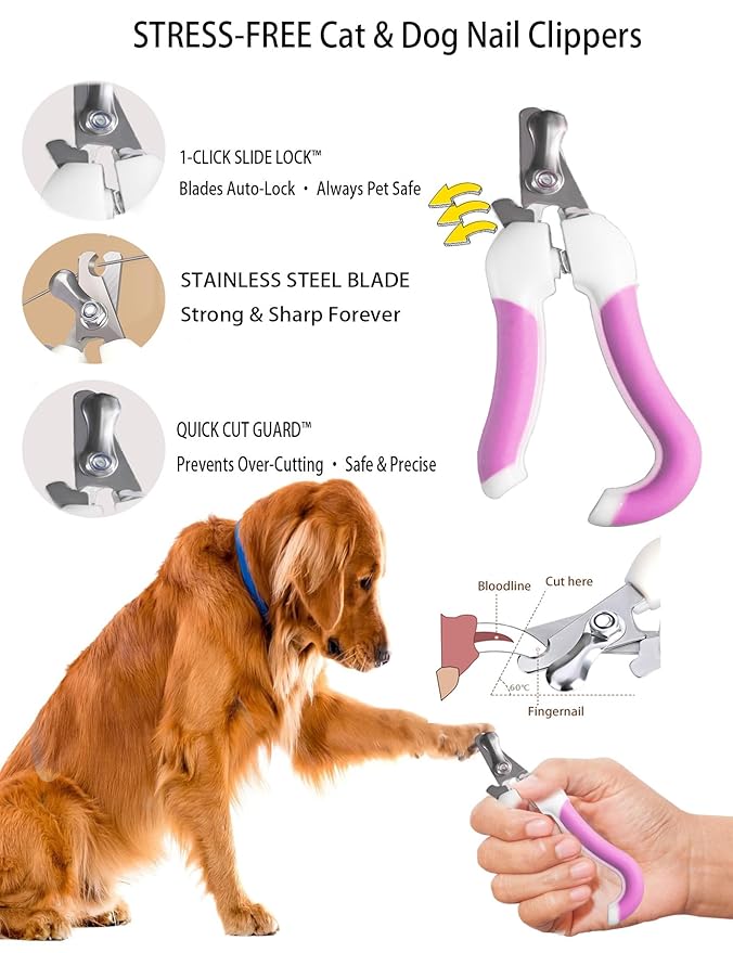 Dog Cat Grooming Kit, Brushes, Dematting Rake and Comb, Nail Clipper, Nail File, Flea Comb (Pink 6 Kits)