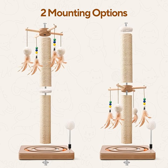 Sisal Cat Scratch Post with Sturdy Ball Track Base for Indoor Cats and Kittens, 25 Inches Cat Scratching Post with Interactive Toys