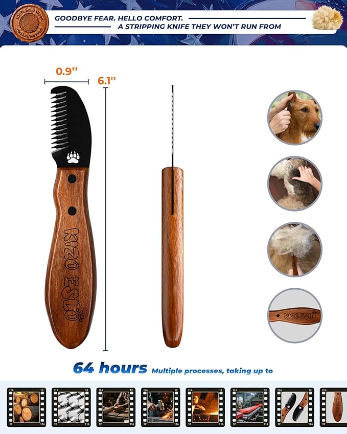 Stripping Knife for Dogs – Gentle Hand Stripping & Carding Knife for Terriers & Double-Coated Breeds, Solid Sapele Hardwood & Black Oxide Stainless Steel,Easy to Clean,Dog Grooming Tool(Right-Handed)