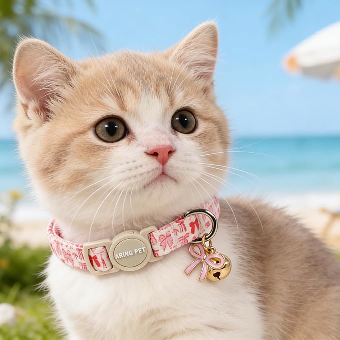 ARING PET 2 Pack Cat Collar, Breakaway Kitten Small Cute Pink Floral Bow Collars with Bells for Girl Female Cats