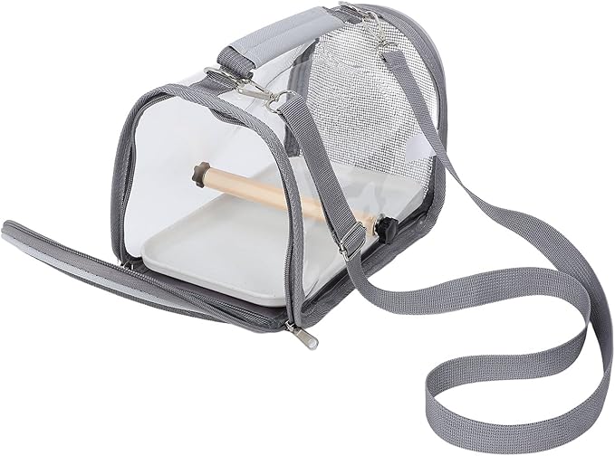 SEWACC Portable Bird Carrier Cage with Wood Perch, Small Gray Travel Birdcage for Parakeets and Lizards, Lightweight Pet Bird Transport Bag for Hiking and Outdoor Trips