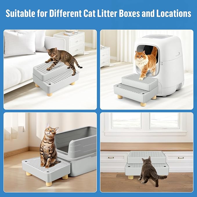 Extra Large 2 Steps Cat Litter Box Step Ramp, Cat Litter Catcher Mat with Wooden Feet, Filter Function, Cat's Pedal Stool for Self-Cleaning Litter, Suitable Kitten & Elderly Cats (Light Grey)