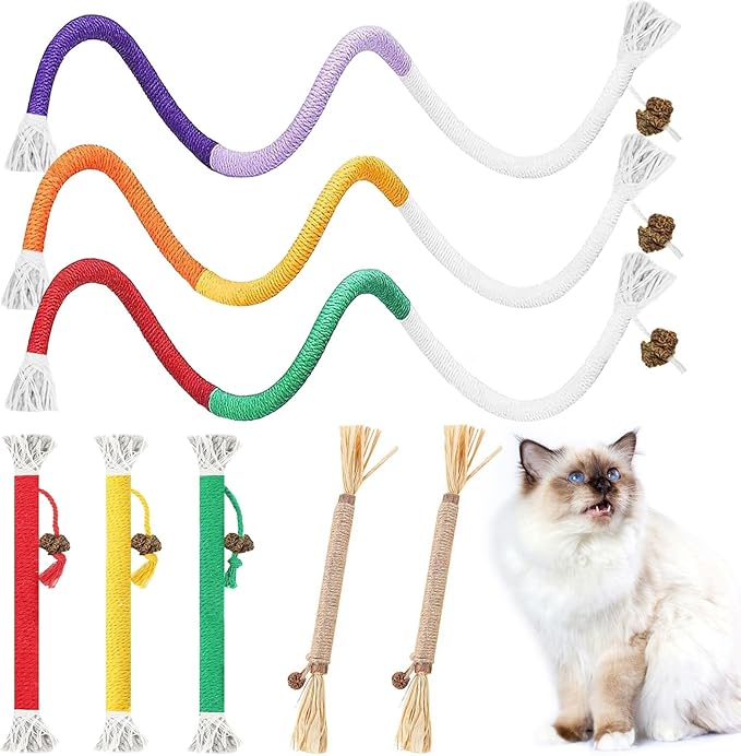 Cat Toys Cat Chew Toys, 8Pack cat Toys for Indoor Cats, cat Toys Interactive, Dental Care Chew Ropes with Cotton String, Fun Chew Sticks for Indoor Cats Playtime (8PCS)