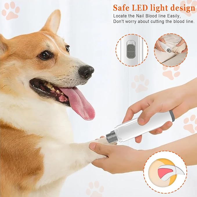 Dog Nail Grinders, Electric Rechargeable Pet Nail Trimmer Low Noise with LED Light 2-Speed Mode for Large Medium Small Dogs & Cats