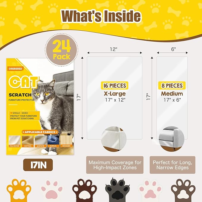 Professional Cat Scratch Furniture Protector, 24-Pack XL Set - Heavy-Duty Full Home Protection from Cat Claws, Single-Sided Self Adhesive Easy-to-Apply, 17in