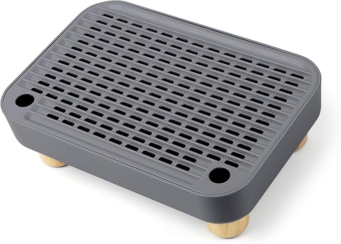 Cat Litter Box Step Ramp, Cat Litter Catcher Mat with Wooden Feet, Filter Function, Pedal Stool for Self-Cleaning Litter Box, Ideal for Kitten & Elderly Cats (Dark Grey)