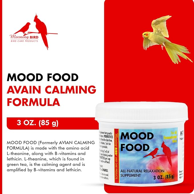 Morning Bird Mood Food 3 oz – Natural Calming Supplement for Birds – Non-Sedating - Unwanted Behavior, Feather Plucking & Aggression – Gentle Stress Relief Achieved with Amino Acids and B-Vitamins