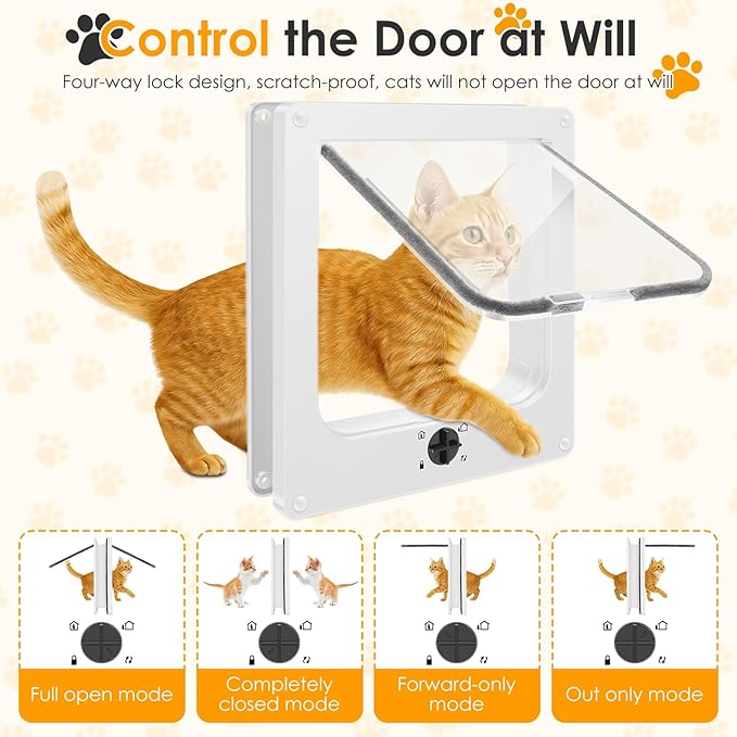 Cat Door Interior Door, 4-Way Lock Indoor Cat Doors, Magnetic Closure Reinforced Pet Doors for Cats up to 18 Lbs, Easy DIY Installation for Interior and Exterior Doors