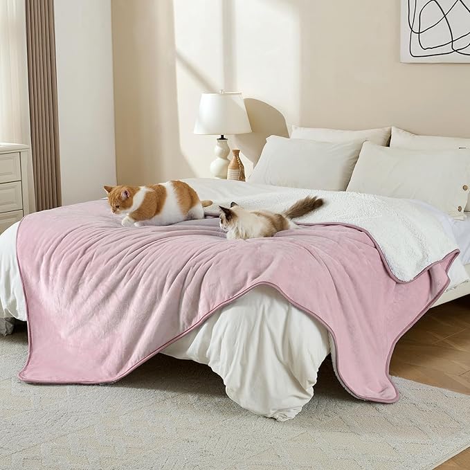 Waterproof Blanket for Bed Couch Sofa, Soft Liquid Pee Proof Pet Blanket for Dog Puppy Cat, Reversible Sherpa Fleece Furniture Protector (Dusty Pink, 50x60 inches)