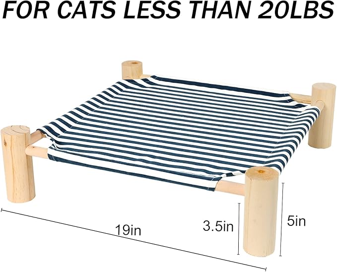 Patas Lague Cat and Dog Hammock Bed for Small Dogs, Brethable Wooden Cat Pet Rabbit Elevated Cooling Outdoor Bed Cots Furniture for All Seasons Blue Stripe