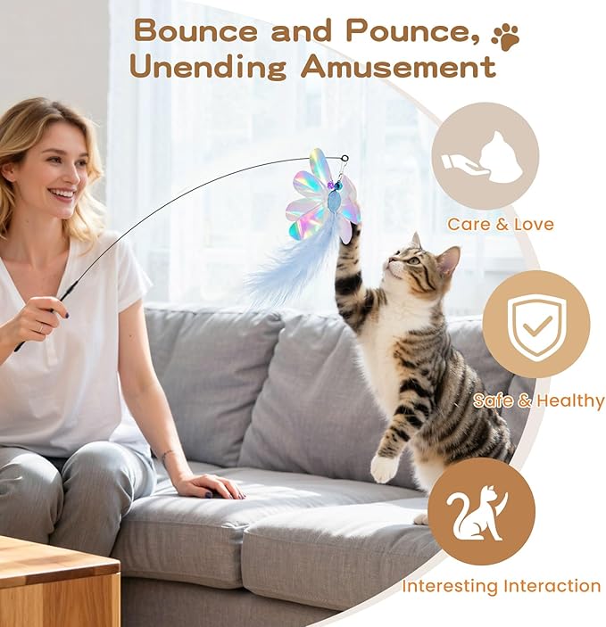 Pawaboo Feather Teaser Cat Toy, Interactive Feather Wands Cats Toy Flying Feathers Cat Catcher with Extra Long 34.5" Wand and Small Bell, Exerciser Playing Toys, 1 Wand + 10 Feathers, Multicolored
