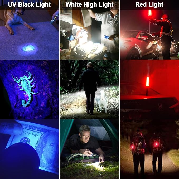 UV Flashlight Black Light, 2-Pack USB Rechargeable Blacklight Flashlight with Magnetic - Side Work Light, 7 Modes, Zoomable, Waterproof – LED Torch for Mechanics Pet Urine Stains Detector,Blue