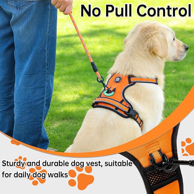 NESTROAD No Pull Dog Harness,Adjustable Oxford Dog Vest Harness with Leash,Reflective No-Choke Pet Harness with Easy Control Soft Handle for Large Dogs(X-Large,Orange)