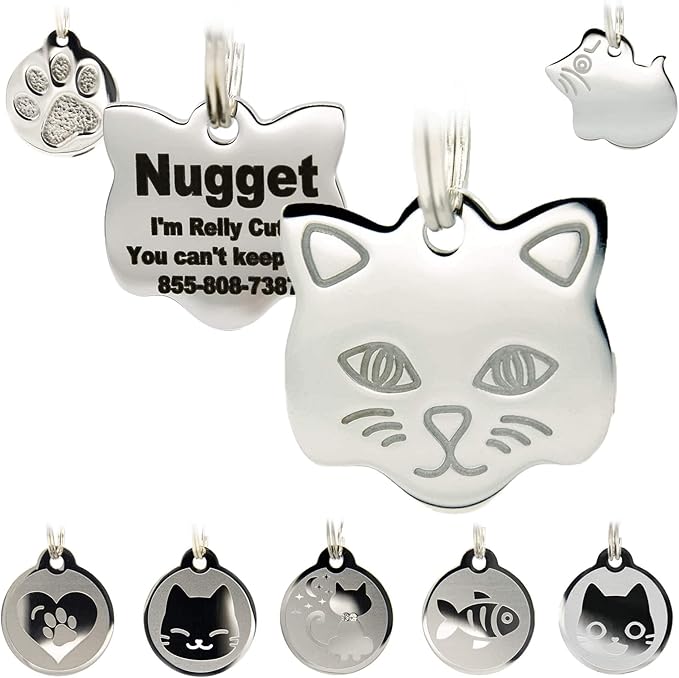 Stainless Steel Cat ID Tags - Engraved Personalized Cat Tags Includes up to 4 Lines of Text with Cat Shape