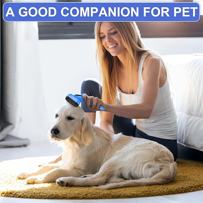 Self Cleaning Slicker Brush for Dog, Cat, Skin Friendly Shedding & Grooming Tool for Long and Short Haired Pets, Easy Clean Retractable Bristles, Blue