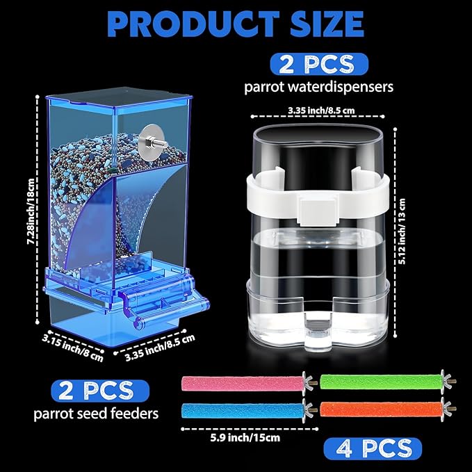 Yaomiao 8 Pcs No Mess Small Bird Feeders Automatic Parakeet Water Dispenser with 4 Pcs Cage Perch Clear Quail Feeder and Watered Cage Accessories for Small and Medium Parakeet Cockatiel Canary(Blue)