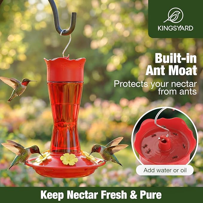 Kingsyard 2-Pack Glass Hummingbird Feeder for Outdoors Hanging, 10 oz Leak-Proof Humming Bird Feeders with Ant Moat & Bee Proof Feeding Ports, Hummingbird Gift for Bird Lovers (Red)
