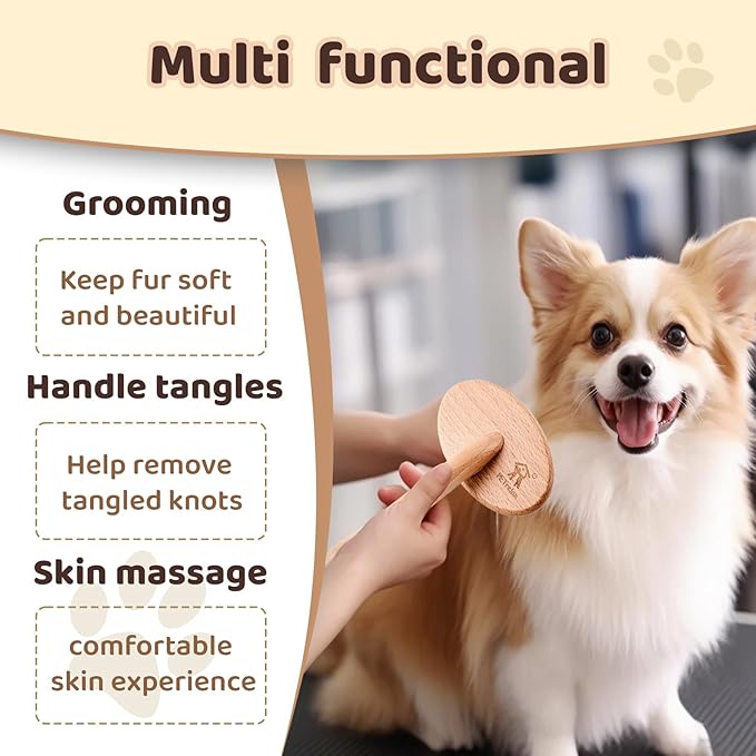 Wooden Dog Brush for Shedding, Grooming, Long haired Dogs, Poodle, Puppy & Indoor Cats, Oval Pin Brush with Coated Tips & Air-Cushion Design, Dog Slicker Brush，pin Brushes for cat Grooming