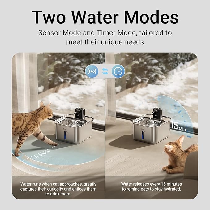 DownyPaws Cat Water Fountain Stainless Steel Wireless, 101 oz/3L FurSink Cordless Water Fountain for Cats, Battery Operated Cat Fountains for Drinking with Motion Sensor, Easy Clean, Metal