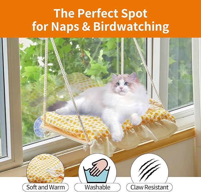 Cat Window Perch, Heavy Duty 20KG/44LB Suction Cup Hammock Bed with Soft Cushion, Secure & Stable Window Mount for Lazy Time, Bird Watching, Safe for Large Cats, 18.9"x14.5" (Little Bear)