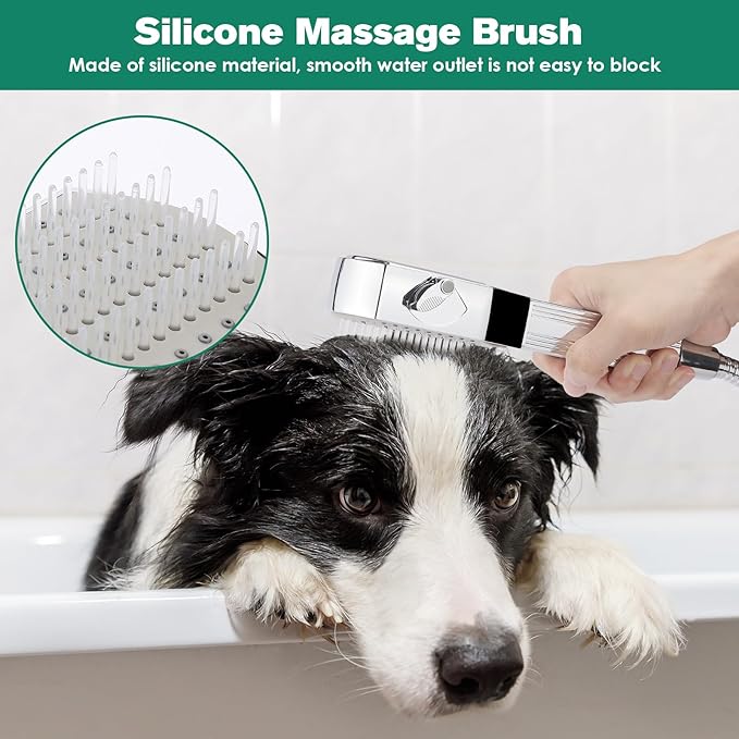 Dog Shower Attachment,Pet Washing Shower Sprayer with Stainless Steel Hose & Diverter Valve, 2 Mode Handheld Shower Head Brush, 3-in-1 Dog Shower Head for Bathing, Grooming, Massage - Indoor & Outdoor