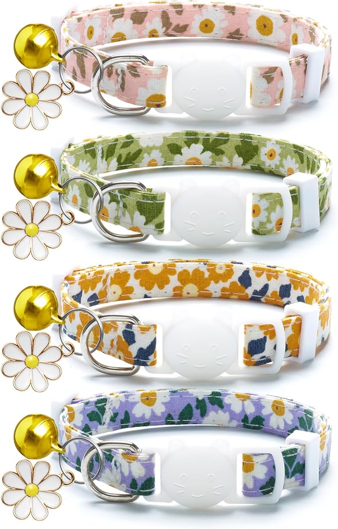 LAFAYI 4 Pack Cotton Breakaway Cat Collar with Bell & Flowers Pendant,Cute Pet Kitten Collar for Girl Boy Cats,Pet Supplies,Stuff,Accessories,Gifts