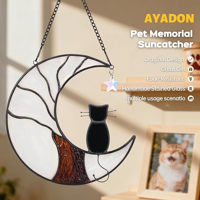 Cat Memorial Suncatcher, Handmade Stained Glass Window Haninging Suncatcher, Pet Memorial Gift for Cat Loss, Sympathy Gift with Moon & Tree of Life for Pet Lovers