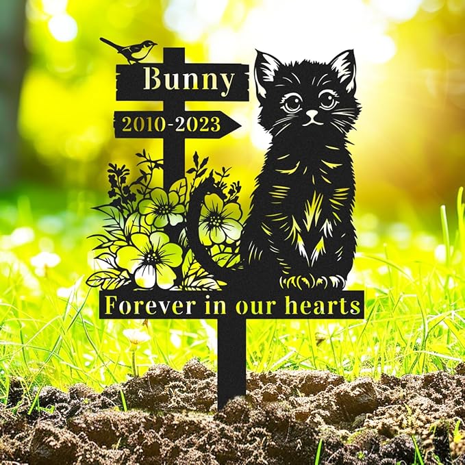 Custom Flowers Cat Memorial Garden Stake Personalized Bird Cat Memorial Grave Marker,Metal Cat Memorial Stake Yard Sign for Garden Lawn Cemetery,Customized Cat Memorial Plaque Burial Stake